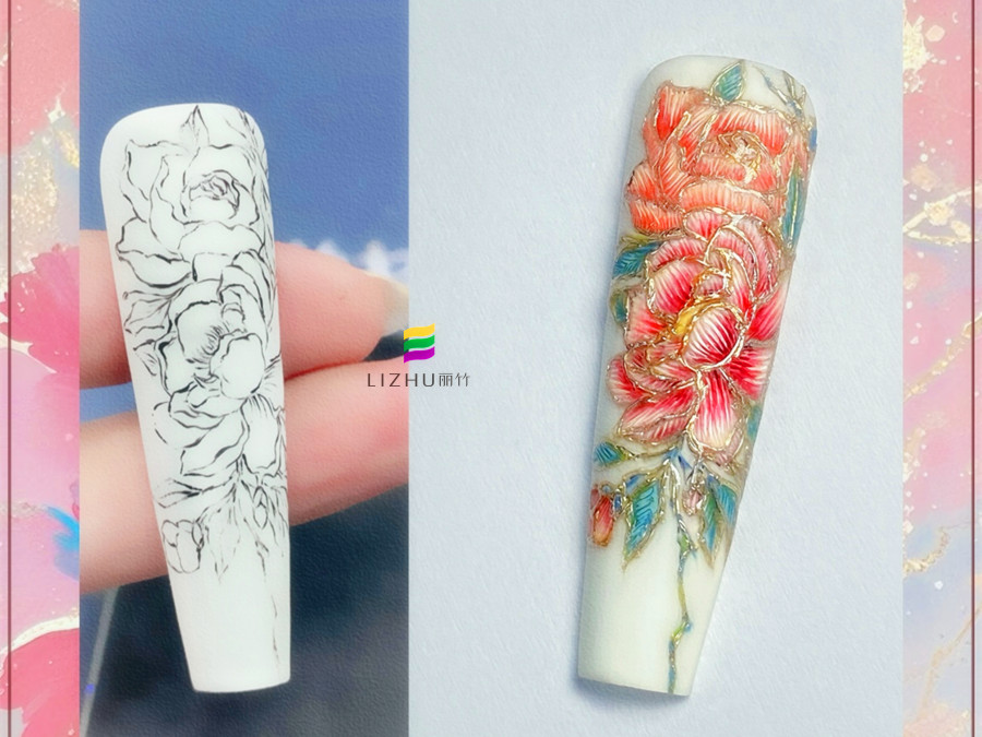 國風(fēng)刺繡牡丹美甲，廣西美甲設(shè)計學(xué)校作品