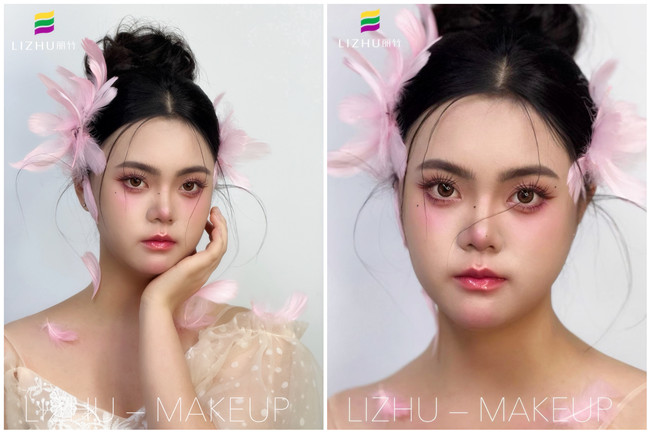 粉色羽毛寫真作品，廣西學(xué)化妝操作